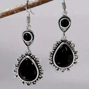 Vintage Tribal Black & Silver Drop Dangle Earrings